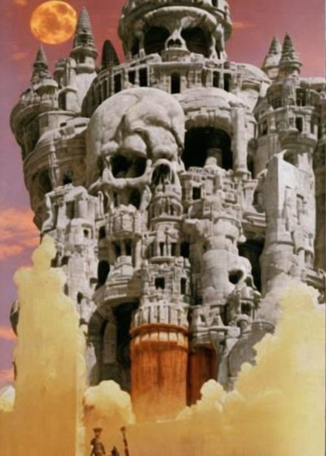 Fantastical castle with skull features under purple sky.