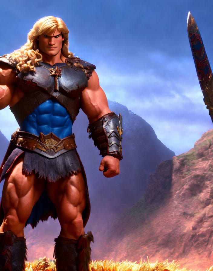 Muscular fantasy warrior with blonde hair in blue tunic and armor holding a sword