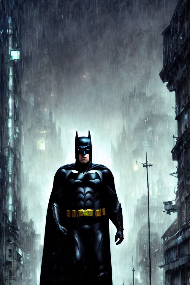 Person in Batman costume in rainy city night scene