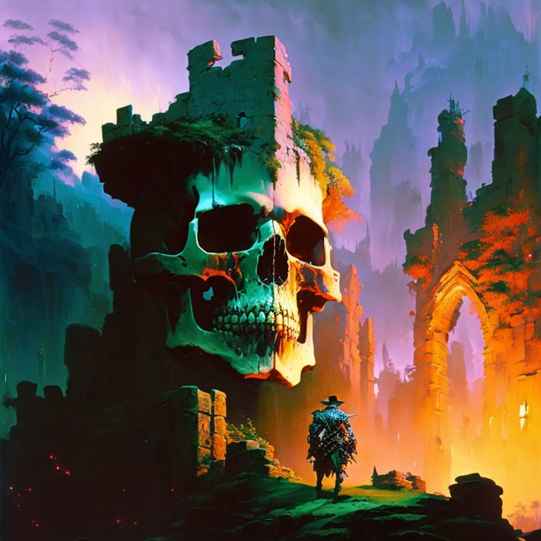 Knight near giant skull in twilight ruins: Fantasy scene with foreboding ambiance