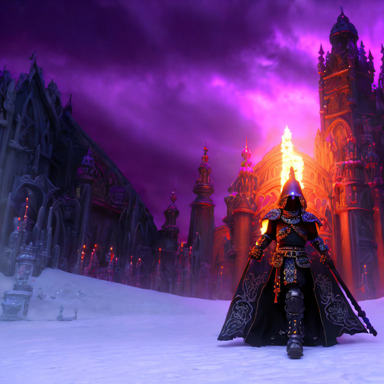 Knight in ornate armor kneeling before gothic castle in snow under purple sky.