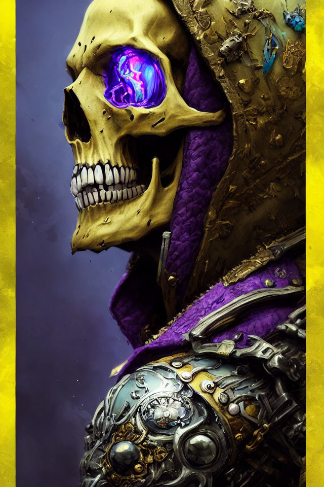 Skull in golden armor with purple eye socket on stormy background