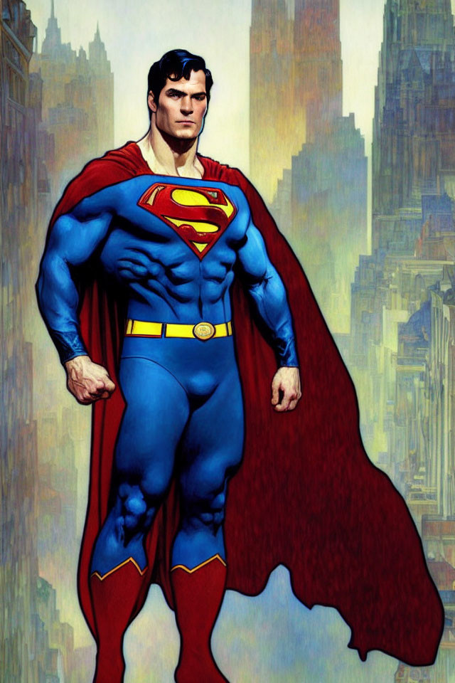 Iconic Superman in blue suit with red boots and cape, "S" emblem on chest, city