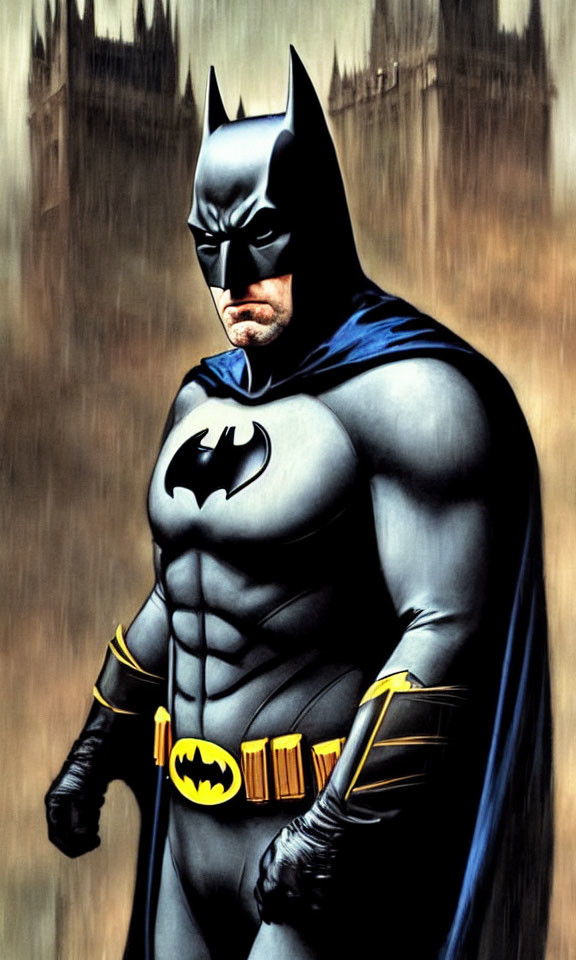 Muscular character in black and blue costume with bat emblem, cowl, and cape against gothic