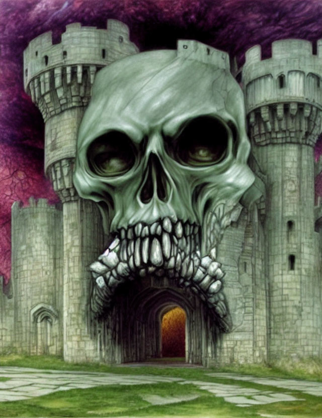 Gothic Castle with Giant Skull Facade in Stormy Purple Sky