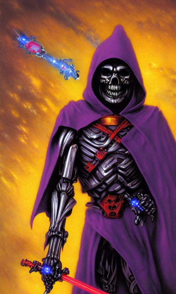 Skeleton in Purple Robe with Sword and Staff on Yellow Background