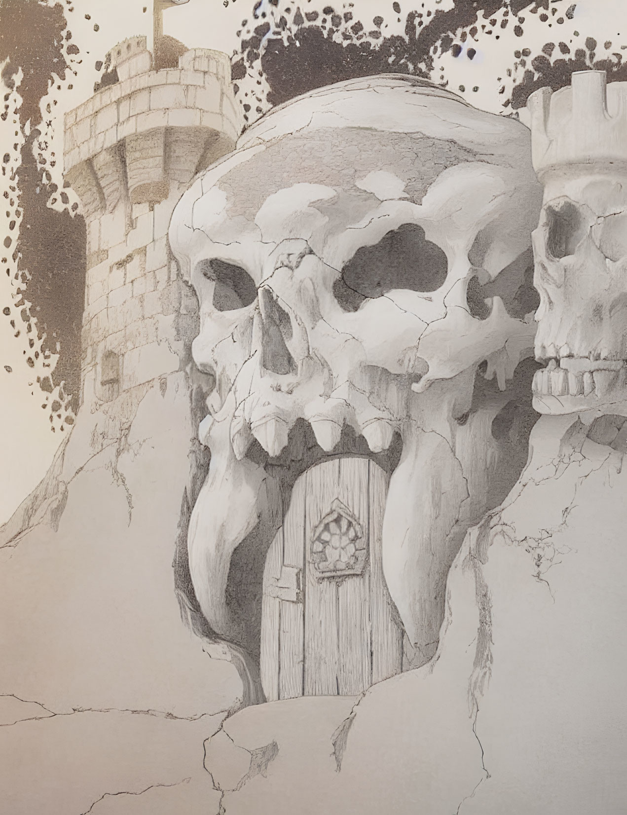 Monochromatic illustration of skull-shaped rock with door and tower in macabre fantasy setting
