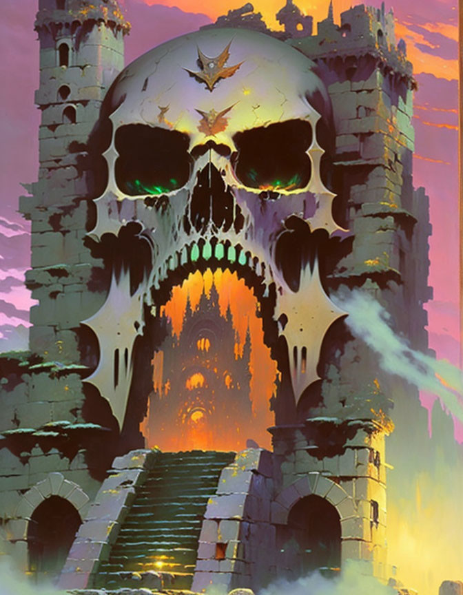Fantasy illustration of skull-shaped castle in fiery sunset