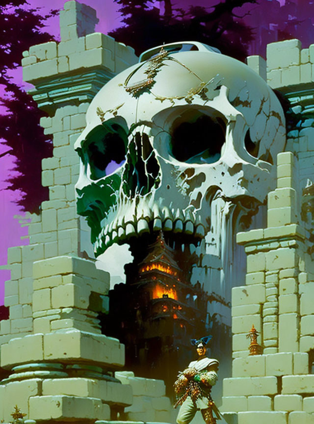 Giant skull with crown on ruin, armored figure in mysterious green setting