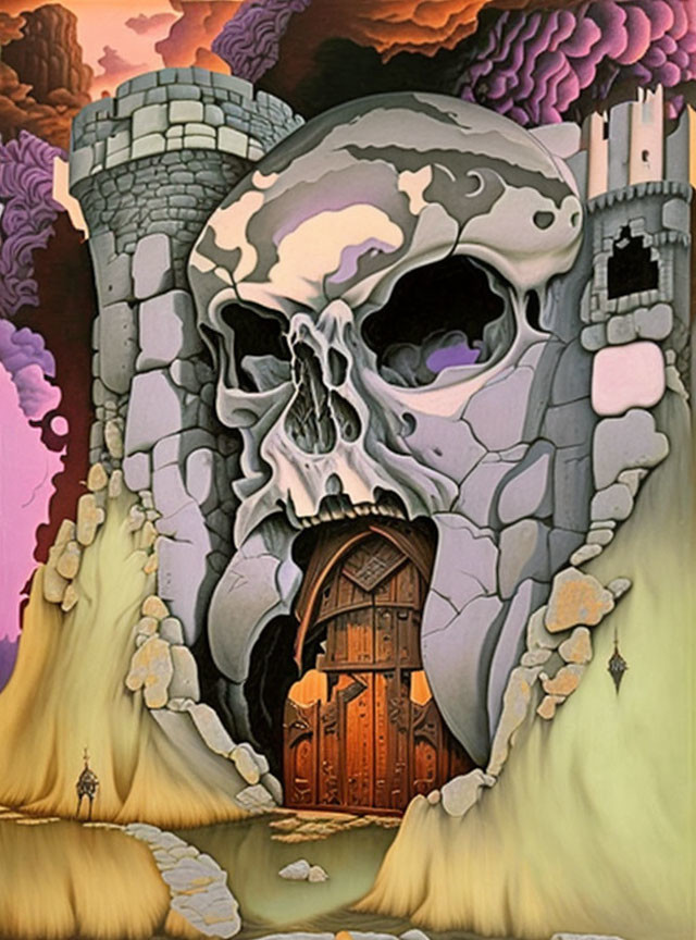 Fantasy castle with skull-shaped rock, wooden door, turrets, and purple clouds