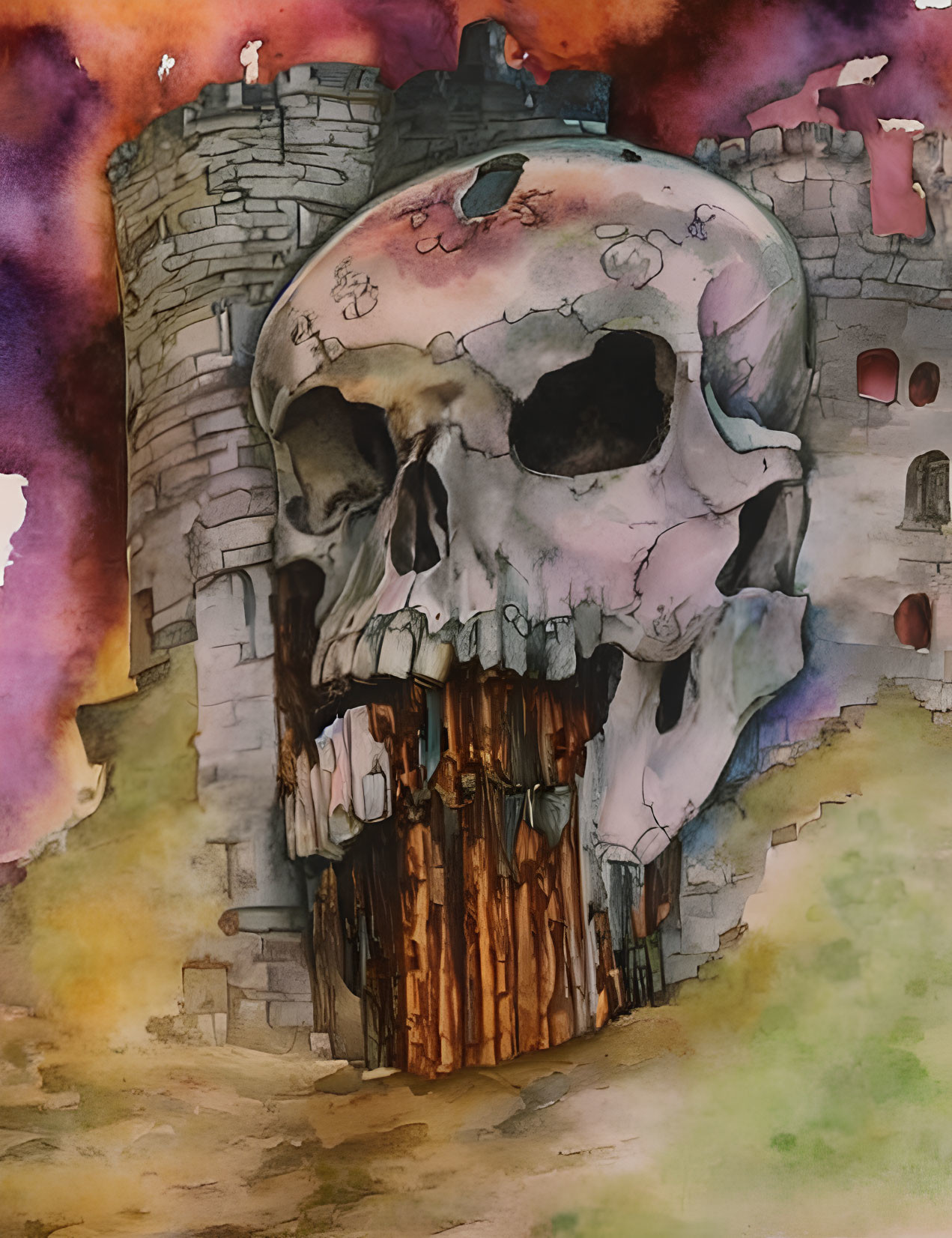 Surreal watercolor artwork: Skull with integrated castle, macabre and ancient themes
