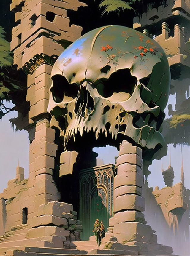 Skull with floral growth in ancient ruins under hazy sky
