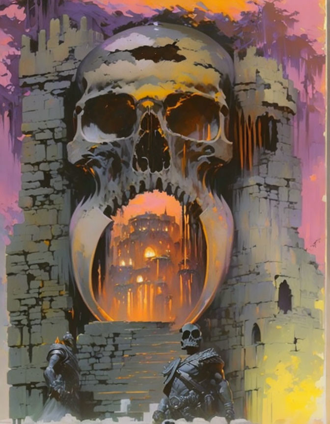 Fantasy illustration of giant skull castle entrance with fiery glow and armored figures