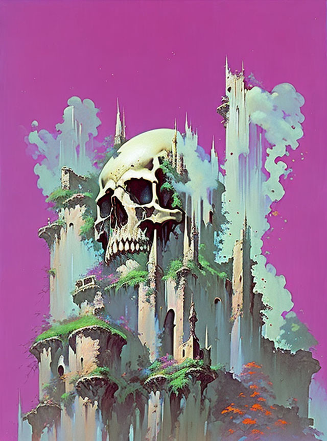 Fantastical painting: Castle merged with giant skull on purple background