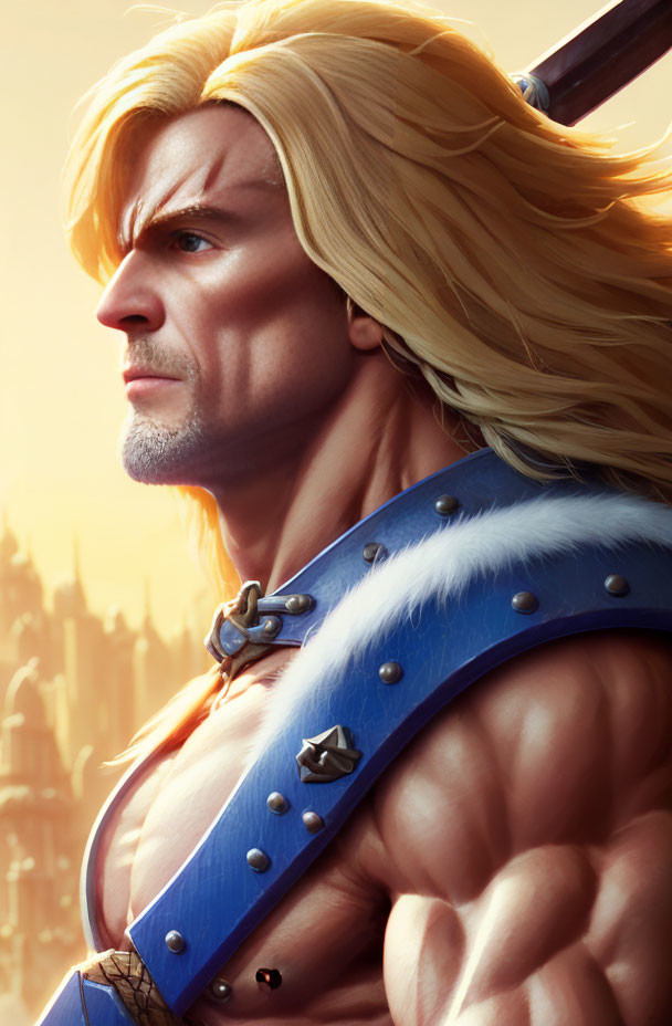 Muscular fantasy warrior with long blond hair in blue armor gazes into the distance