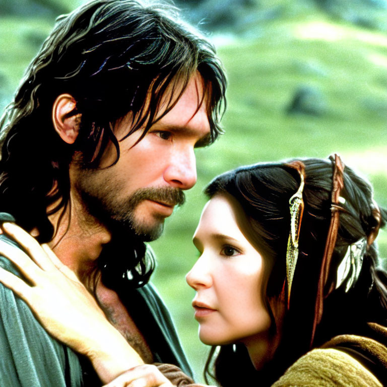 Long-haired man and woman with braided hair in concerned pose.