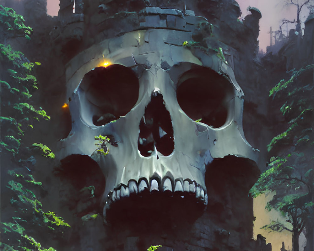Skull-shaped structure in foggy forest with castle and glowing tent