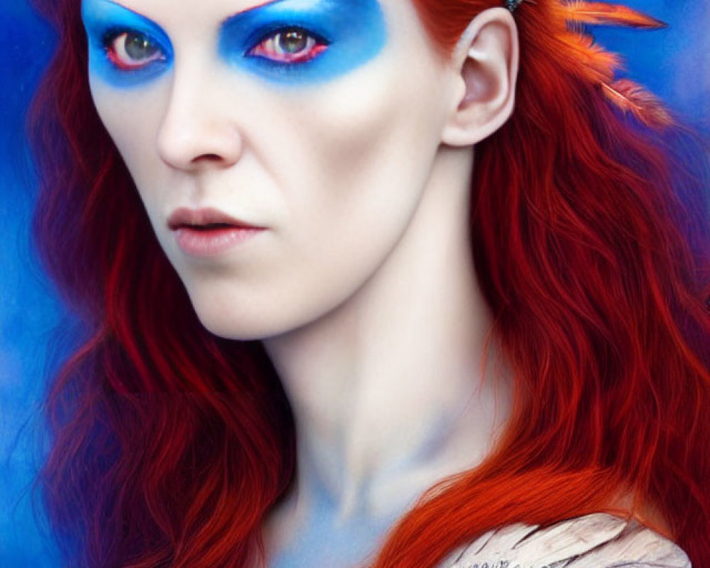Vibrant red hair, bold blue eye makeup, feathers on shoulder, blue background