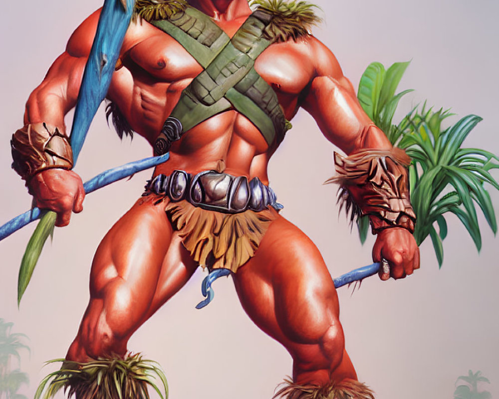 Blond Muscular Warrior with Blue Sword in Tropical Setting