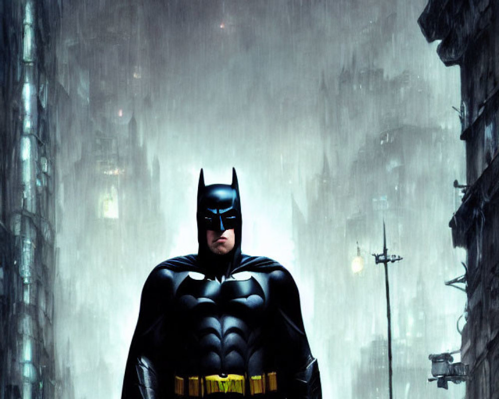 Person in Batman costume in rainy city night scene