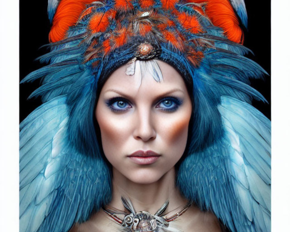 Striking Blue-Eyed Woman in Elaborate Feather Headdress