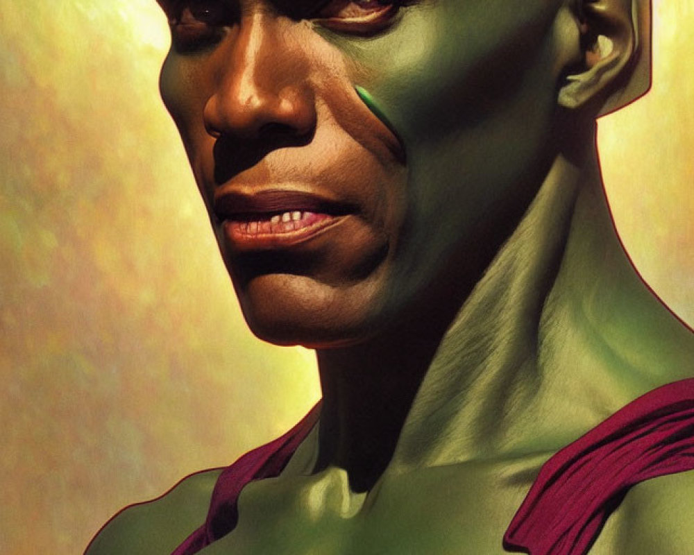 Muscular Green-Skinned Superhero in Red Costume with Gold Emblem
