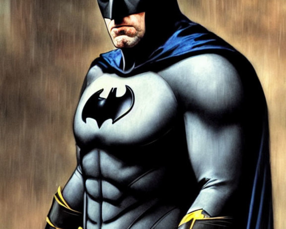 Muscular character in black and blue costume with bat emblem, cowl, and cape against gothic