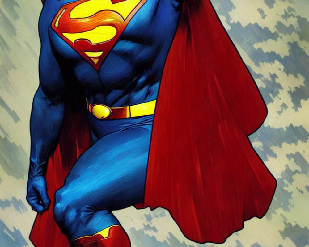 Colorful Superman illustration flying in the sky with cape and 'S' emblem