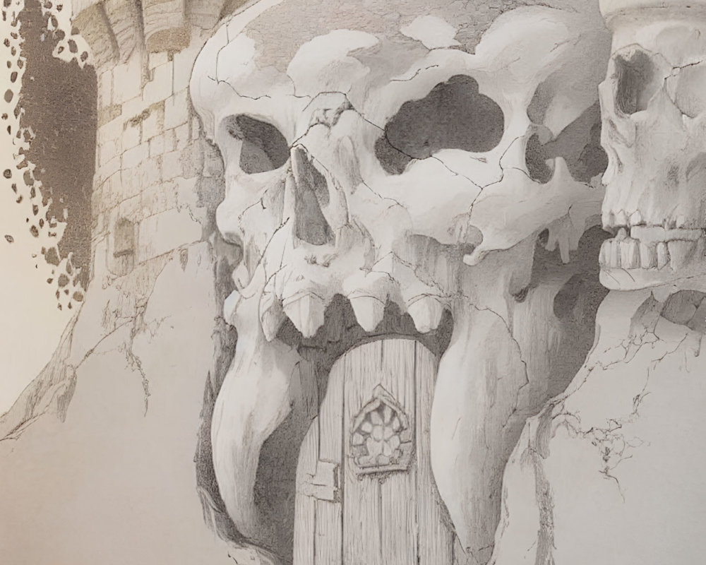 Monochromatic illustration of skull-shaped rock with door and tower in macabre fantasy setting