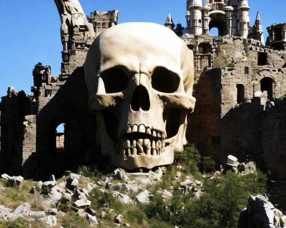 Skull sculpture on rocky terrain with castle ruins and tower background