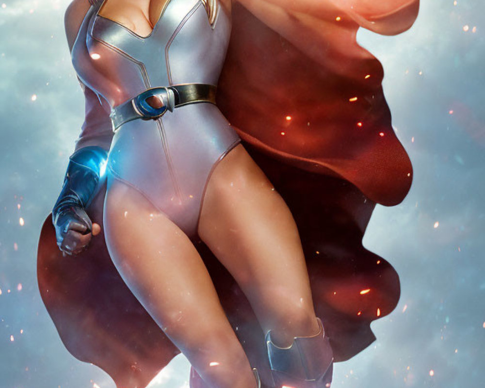 Female superhero digital illustration with flowing hair and glowing blue power.