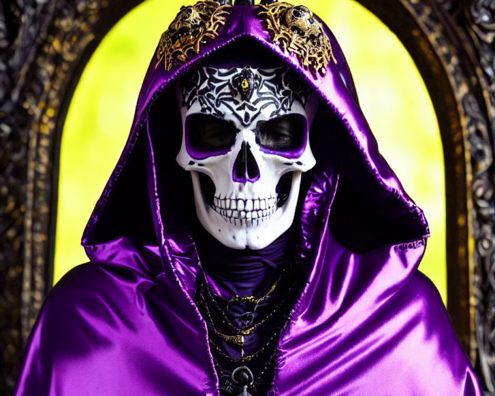 Person in Skull Mask and Purple Cloak with Golden Headpiece