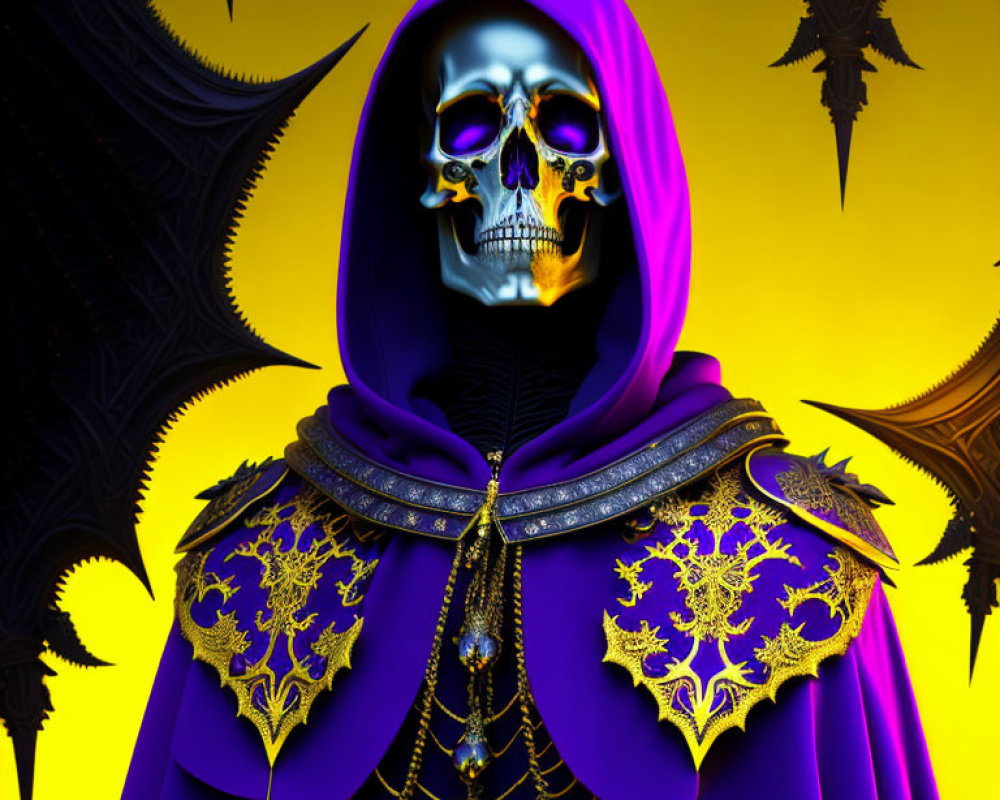 Colorful digital artwork: Skeleton in purple robe on yellow background with black bats