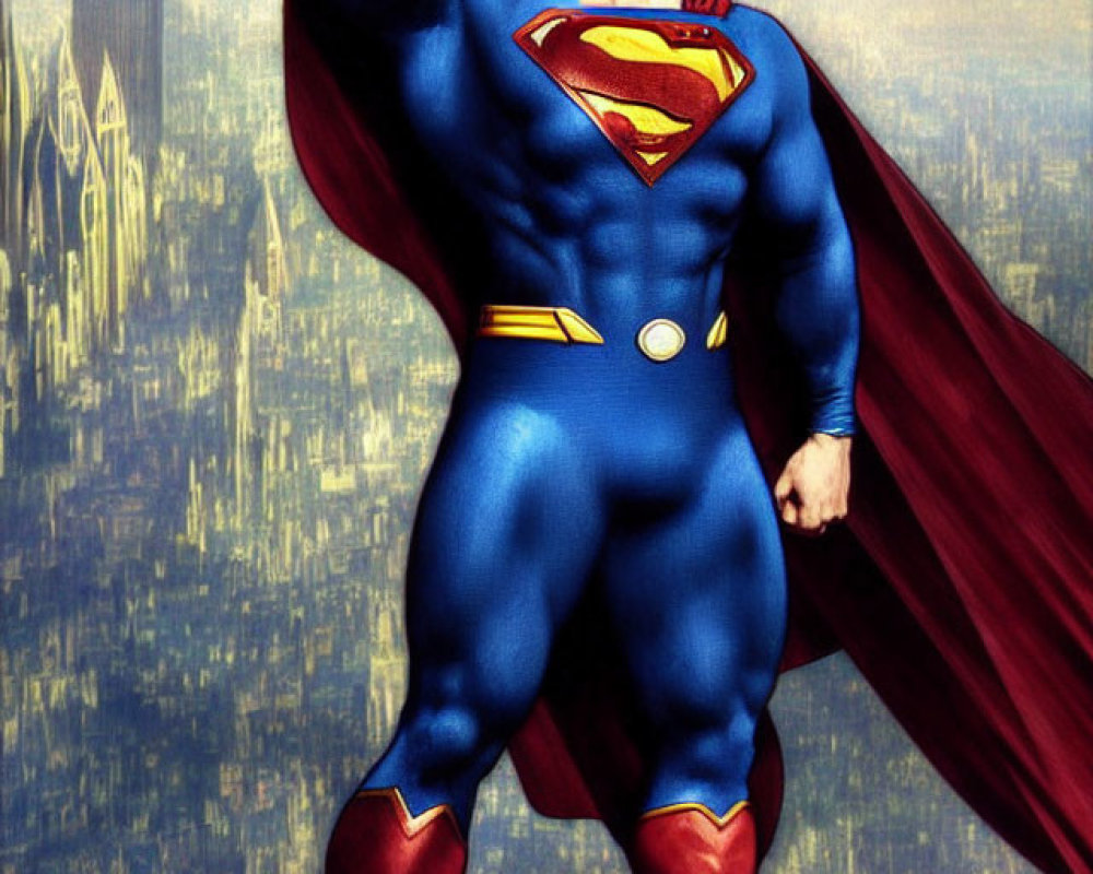 Superman illustration in iconic blue suit and red cape