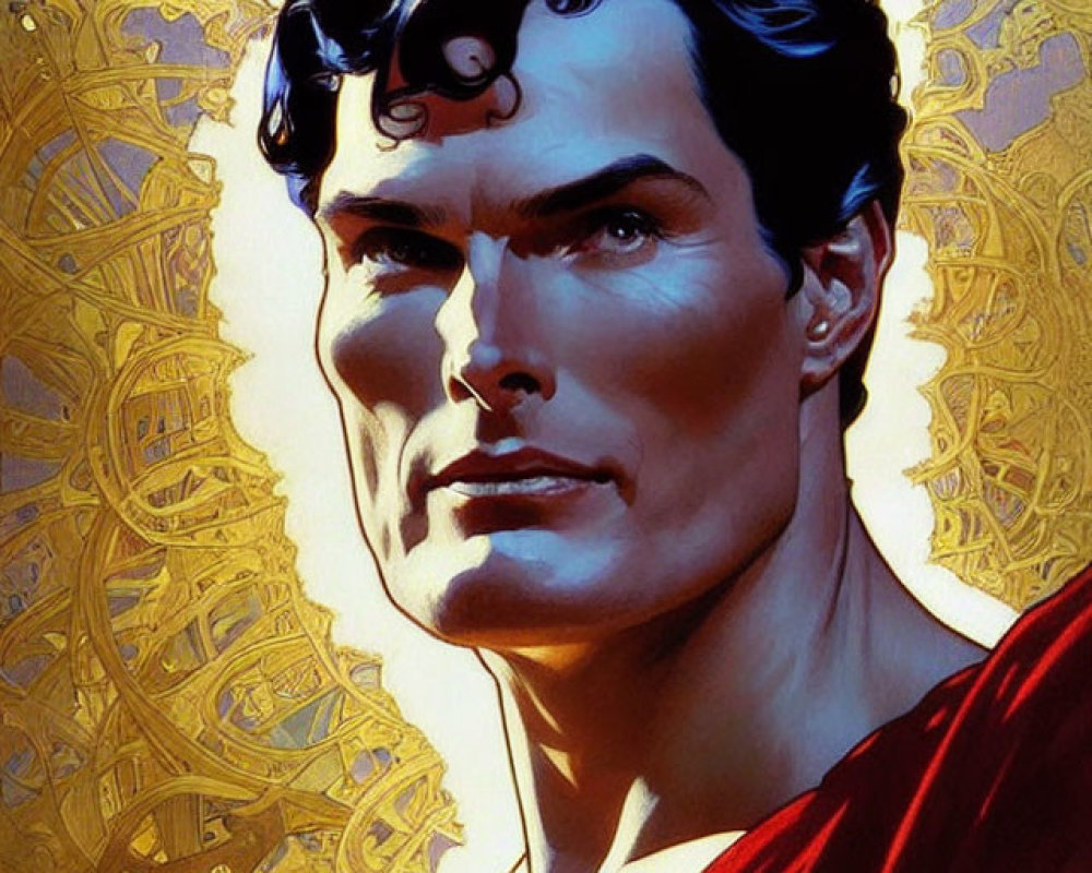Superman illustration in classic pose with iconic suit and red cape