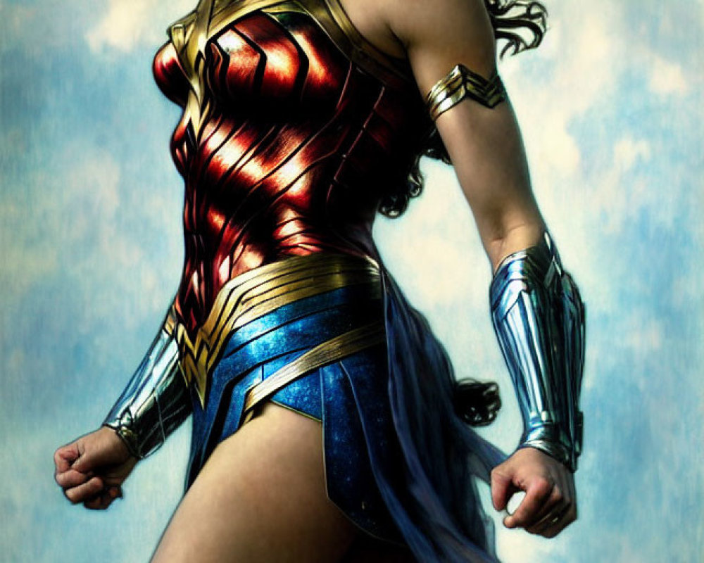 Illustration of Wonder Woman in defensive pose with red and gold armor