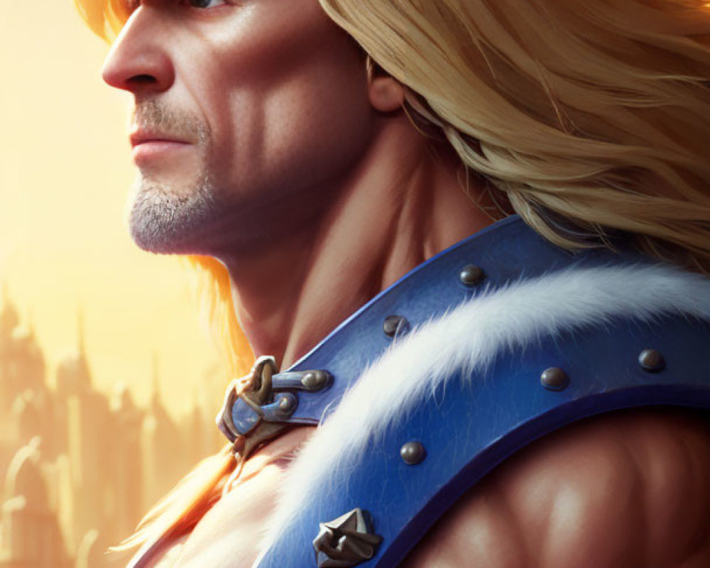 Muscular fantasy warrior with long blond hair in blue armor gazes into the distance