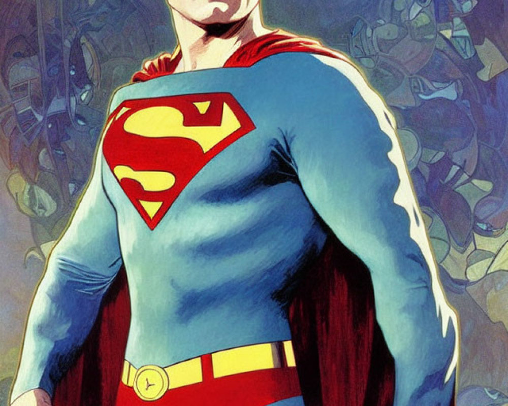 Superman in blue costume with red cape and "S" emblem