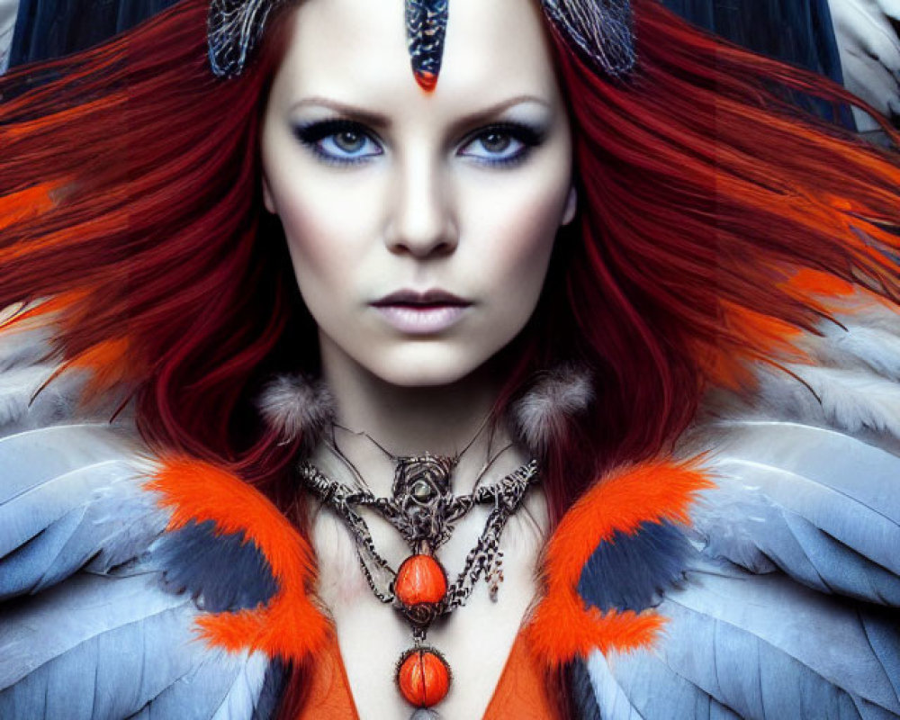Red-haired woman in ornate headdress with orange and black feathers
