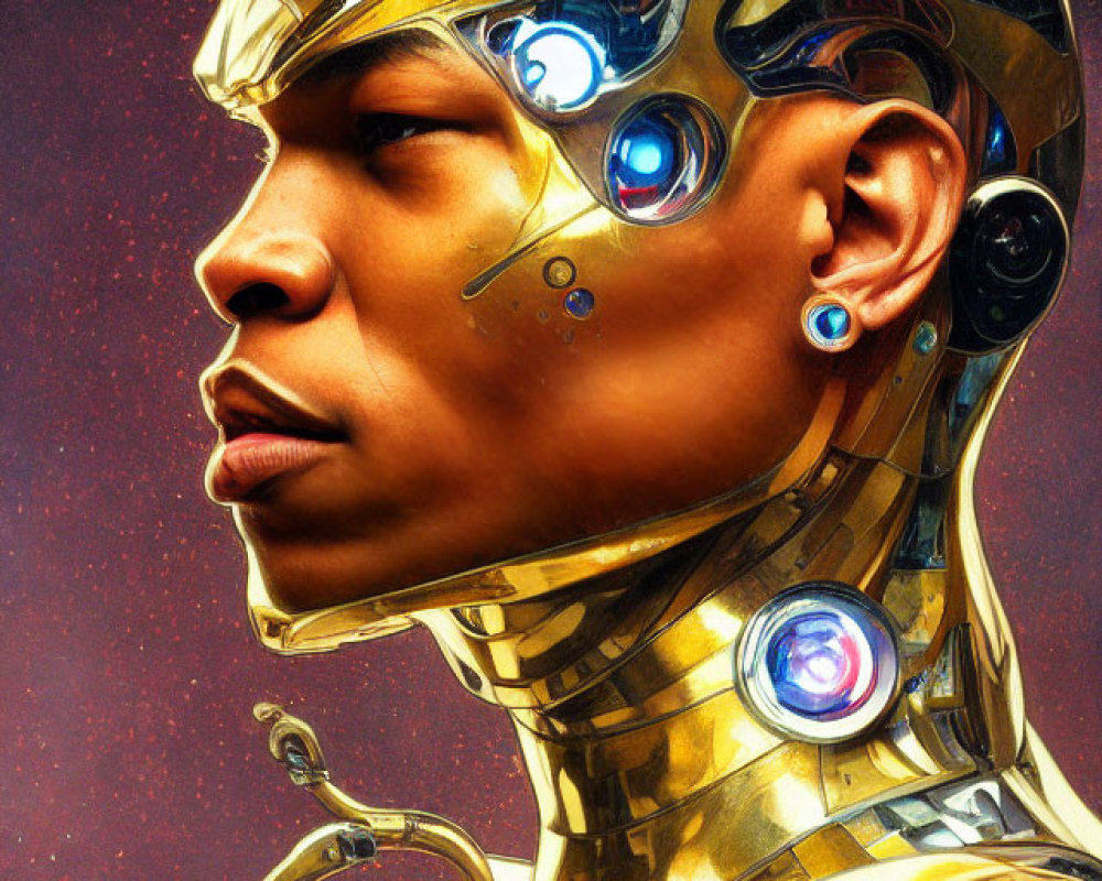Person with futuristic golden robotic headpiece: Detailed profile view