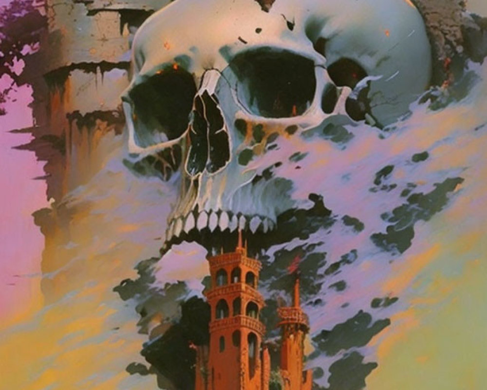 Large skull foreground with vibrant castle landscape background in surreal image.
