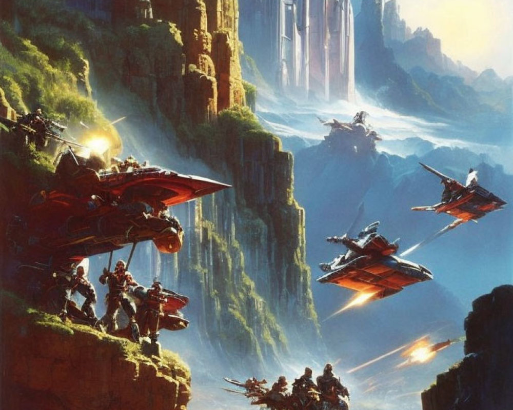 Futuristic sci-fi soldiers and aircraft in rocky landscape with citadel