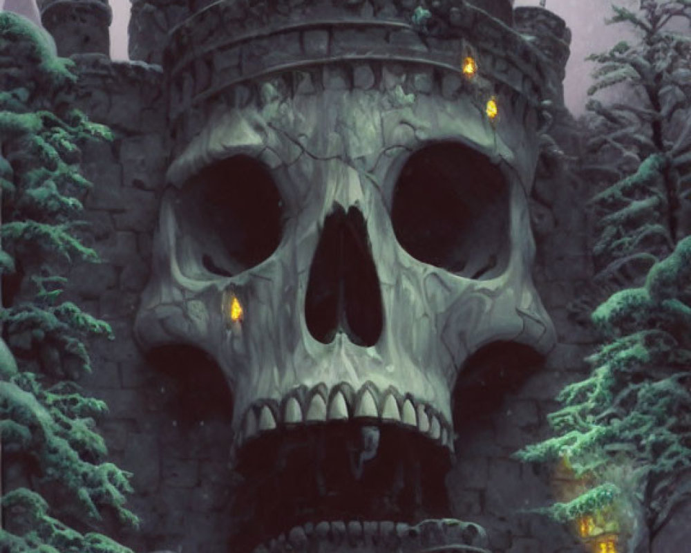 Spooky Castle with Giant Skull Facade in Snowy Landscape