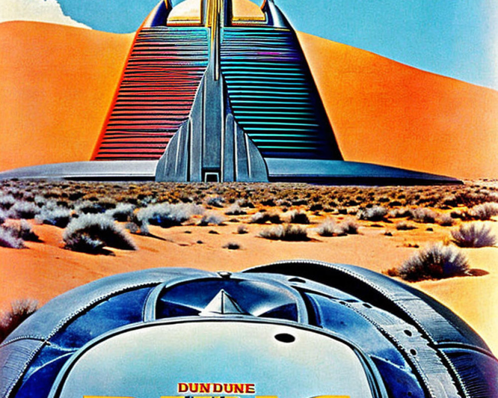 Colorful Poster: Futuristic Pyramid in Desert with Spacecraft - "DUNE" Title
