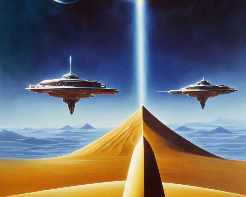 Retro-futuristic space poster with spacecrafts over pyramid in desert landscape