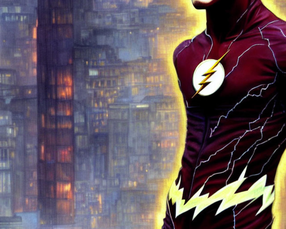 Colorful superhero artwork of character in lightning-themed outfit against city backdrop