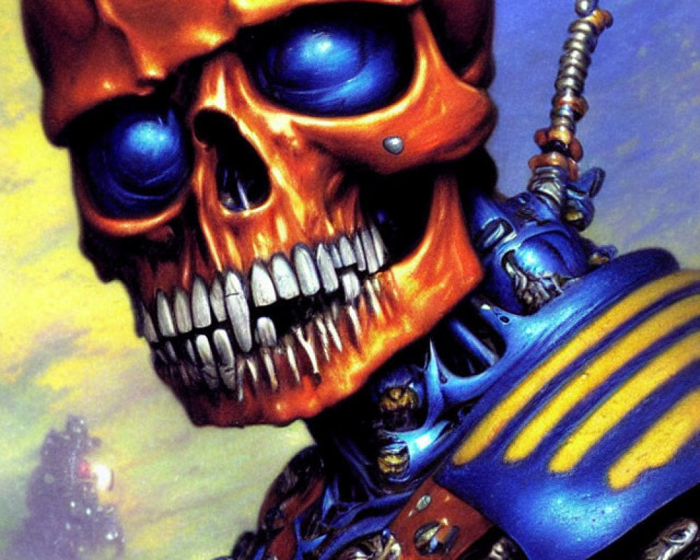 Colorful skull with metallic jaw and glowing eyes on futuristic armored torso.