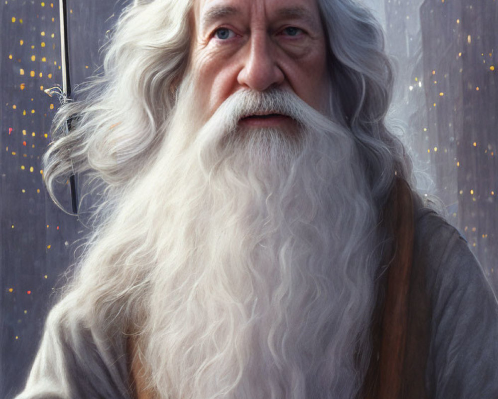 Elderly wizard with long white beard, grey cloak, pointed hat, staff, castle background