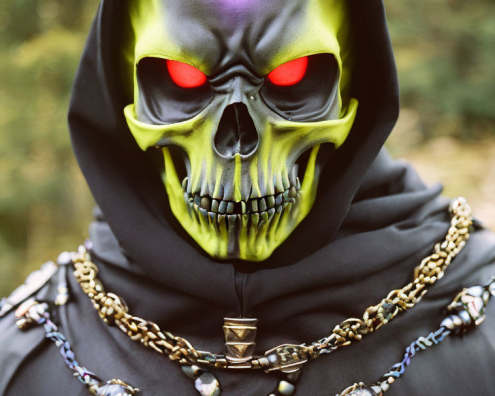 Skull mask with glowing red eyes and chain necklace in natural setting