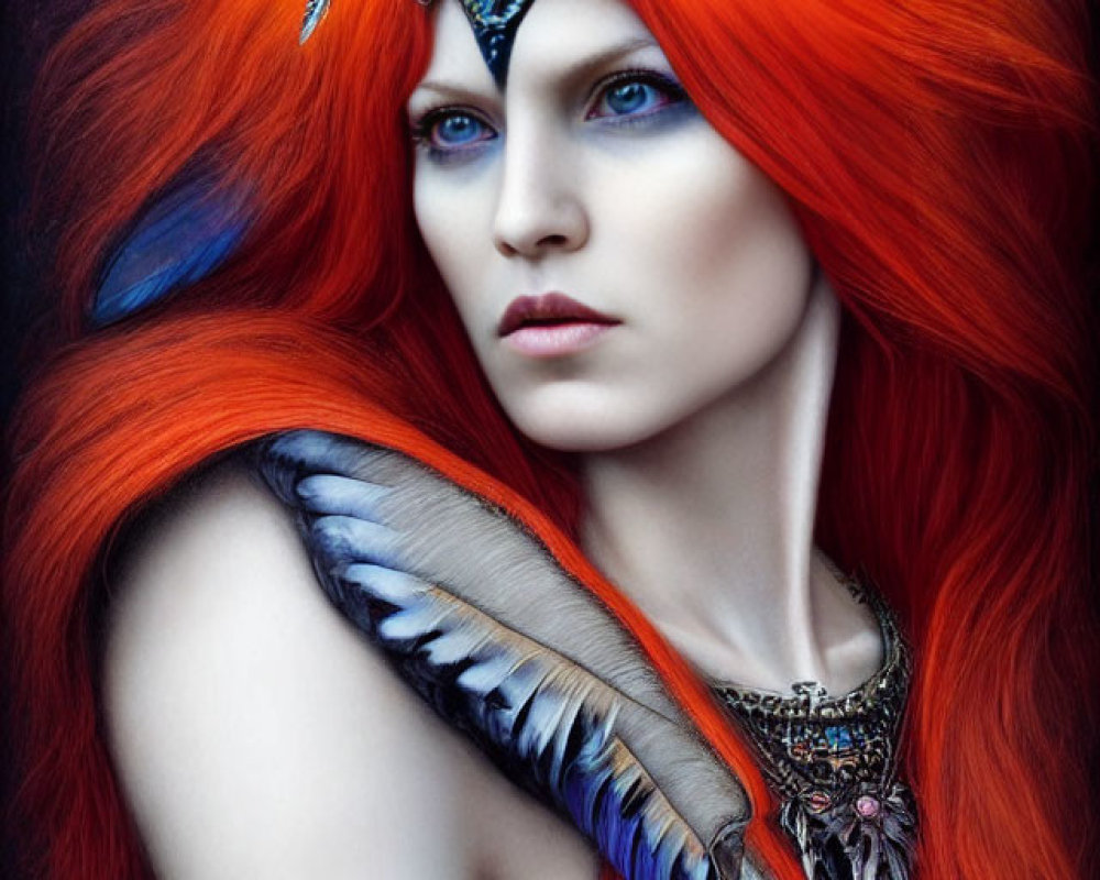Portrait of a woman with red hair, feathered headdress, blue eyes, and tribal jewelry